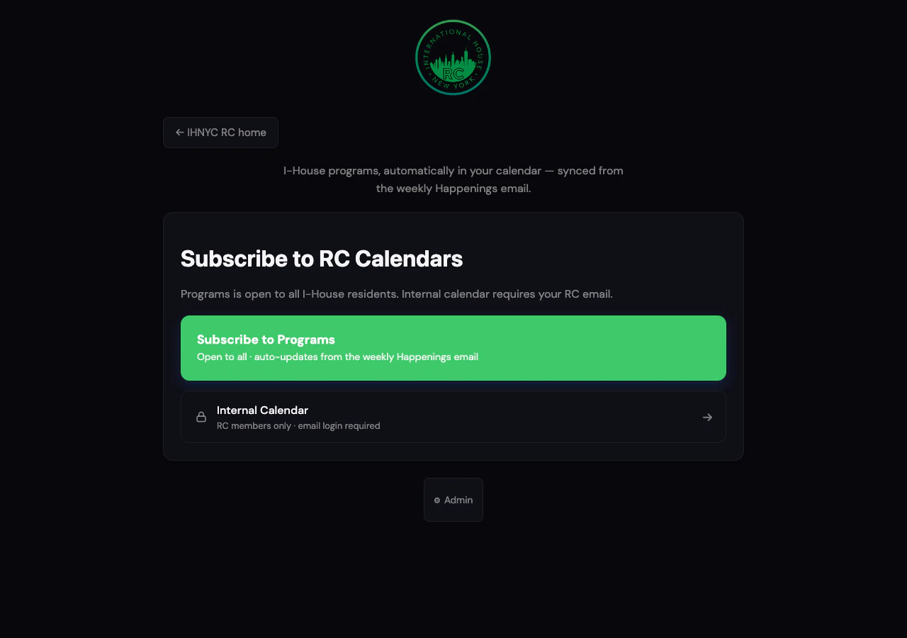 The Calendar home page with public Programs and council-only Internal calendar choices