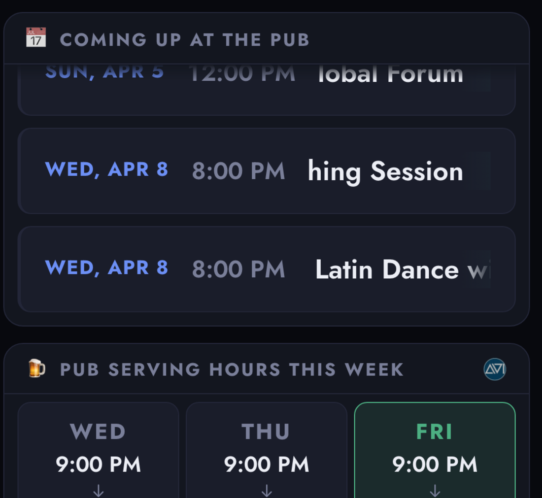 Live upcoming-events and pub-hours column